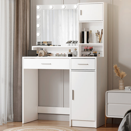 Vanity Desk with Mirror & Light,Dressing Table with Large Drawer, 3 Level Storage Dresser & 3 Lighting Modes Adjustable Brightness, Suitable for Bedroom(white)