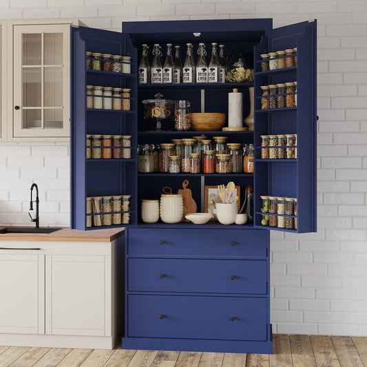 [Assembly Video Provided]TOPMAX 77inch Farmhouse Kitchen Pantry, Freestanding Tall Cupboard Storage Cabinet with 3 Adjustable Shelves, 8 Door Shelves, 3 Drawers for Kitchen, Dining Room, Blue
