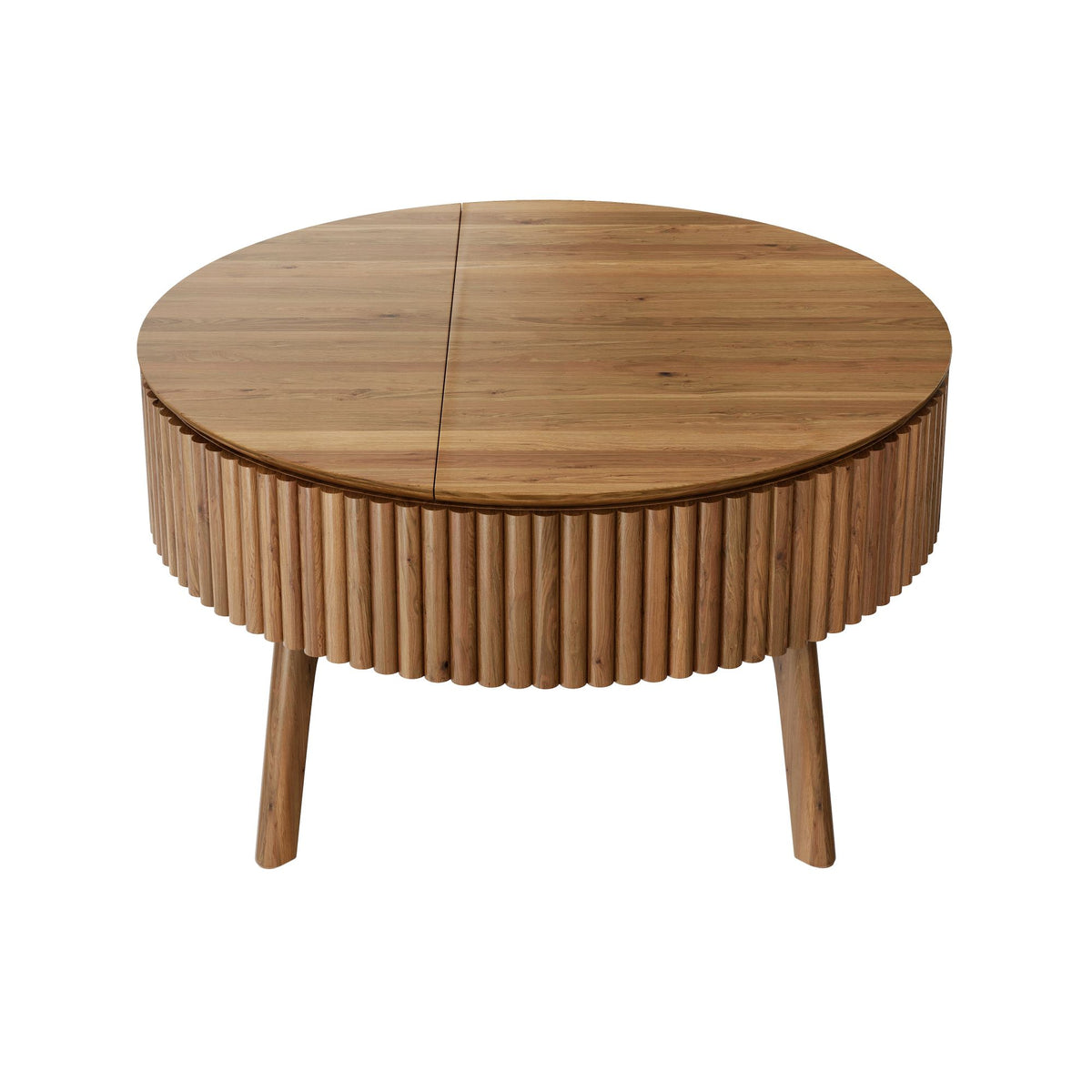 Modern Round Lift-Top Coffee Table with Half Flip-Top & Hidden Storage, Solid Wood Mid-Century Coffee Table with Fluted Design, 30.3' Walnut Space-Saving Center Table for Living Room