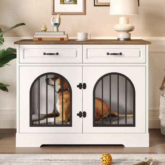 43.3' Dog Crate Furniture, Heavy Duty Indoor Dog Kennel with 2 Storage Drawers, Dog Cage with Side Doors for Medium Large Dogs, End Table Dog Crate, White and Brown