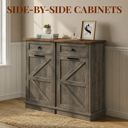 Tilt Out Trash Can Cabinet, 10-Gallon Farmhouse Hidden Garbage Cabinet with Drawer, Dog Proof Wooden Trash Storage Cabinet for Kitchen, Laundry, Living Room, Office