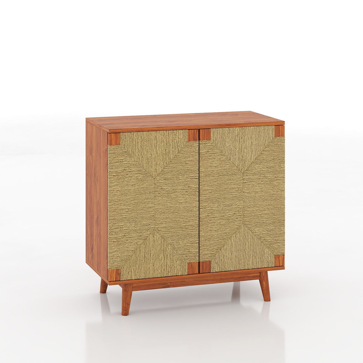 Mid Century Boho Freestanding Accent Cabinet, Handmade Paper Rope Woven Push-to-Open Double Doors, , Adjustable  Shelf, Sideboard Storage Cabinet for Kitchen Entryway  Living Room