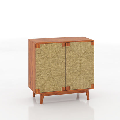 Mid Century Boho Freestanding Accent Cabinet, Handmade Paper Rope Woven Push-to-Open Double Doors, , Adjustable  Shelf, Sideboard Storage Cabinet for Kitchen Entryway  Living Room