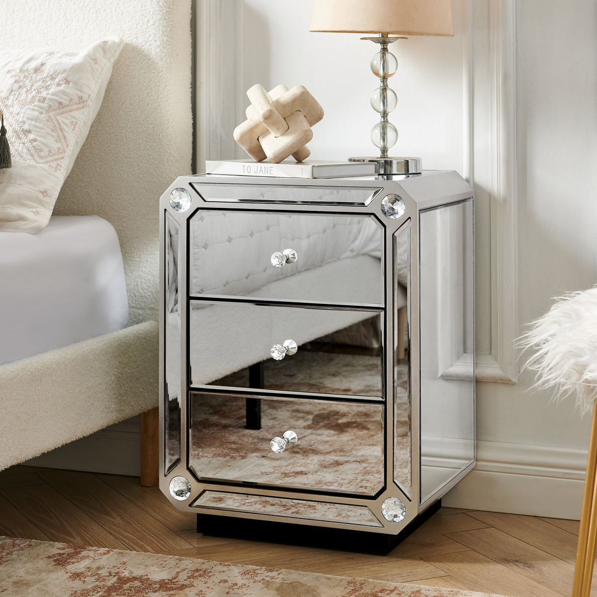 Champagne Gold Mirror Three Drawn Cabinet,Modern End Side Table, Mirrored Nightstand, Mirrored Side Table for Living Room, Bedroom, Entryway 17.7'W x 13.8'D x 23.6'H