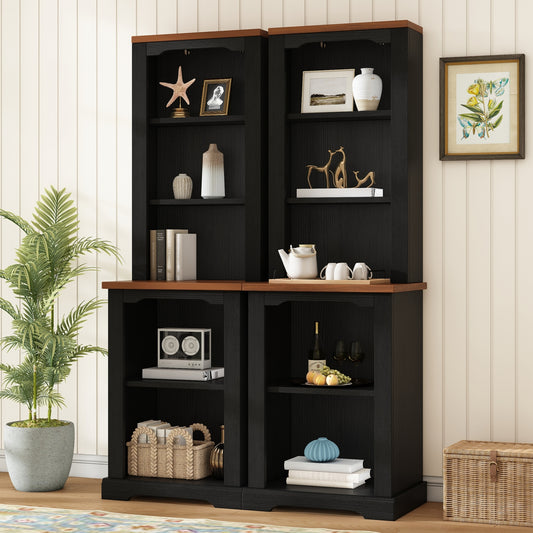 ON-TREND Two-Piece Elegant Freestanding Tall Cabinet with Fully Open Storage, Walnut Element Bookshelves with Curved Design, Stylish Display Bookcase with Anti-Tip Device for Living Room, Black
