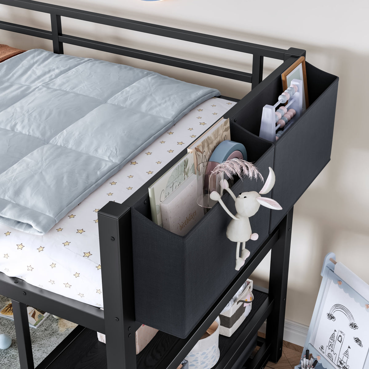 Twin Metal Low Loft Bed for Kids, Low Loft Bed with Storage Drawer, Low Loft Bed with Bookshelf & Storage Bag, Sturdy Low Loft bed Frame with Open Storage Space for Bedroom, Black