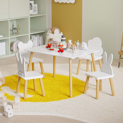 Big Kids Table and 4 Chairs Set, 5 Pieces Toddler Table and Chair Set, Wooden Activity Play Table Set (White)