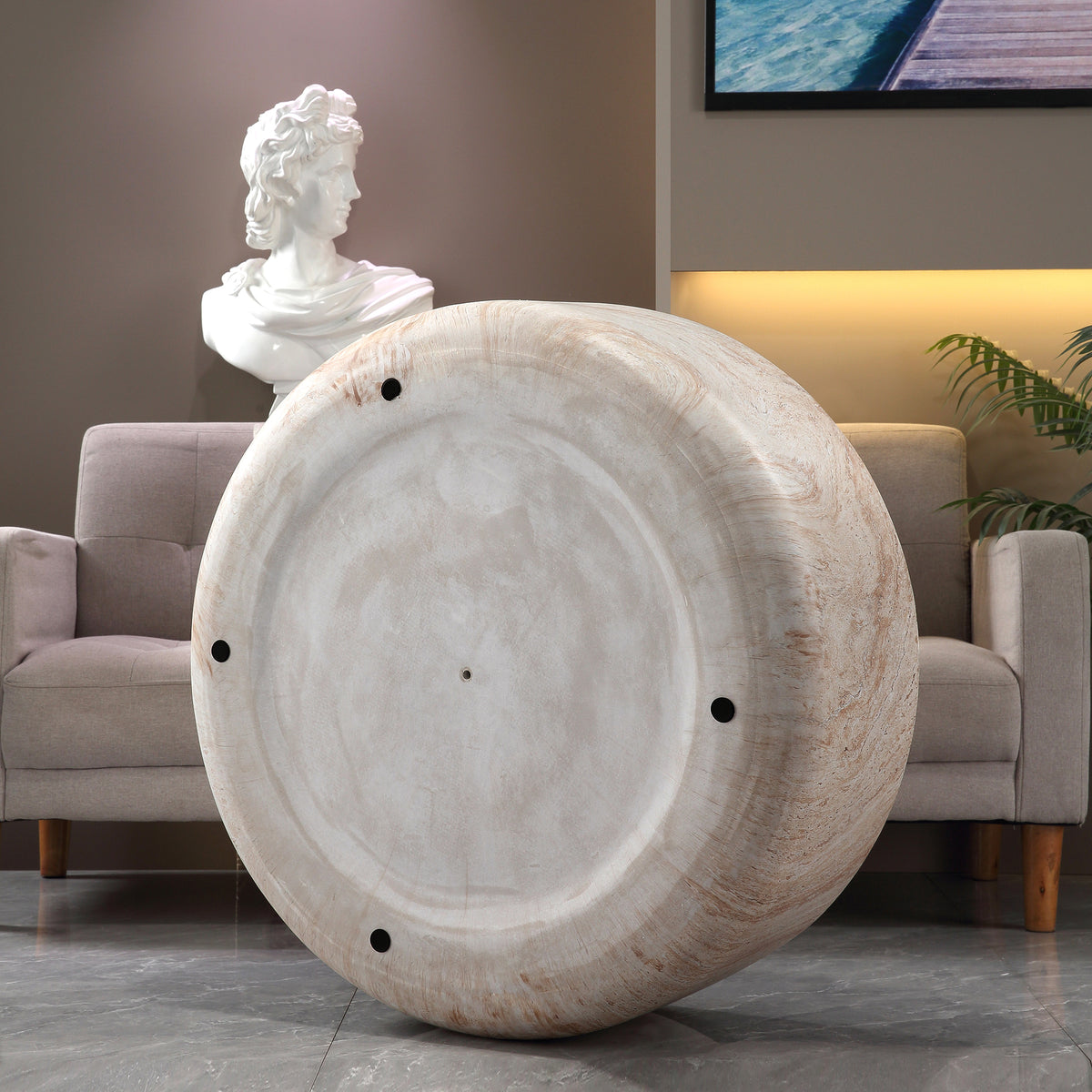 Round Cylinder Coffee Table, MgO Faux Travertine Low Profile Accent Coffee Table, Indoor & Outdoor Decorative Center Table for Living Room Patio, Dia 31.89" x H 12.01"