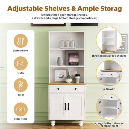 ON-TREND Farmhouse Storage Cabinet with 4 Solid Wood Gourd-Shaped Legs, Modern Kitchen Pantry Cabinet with Adjustable Shelves – White