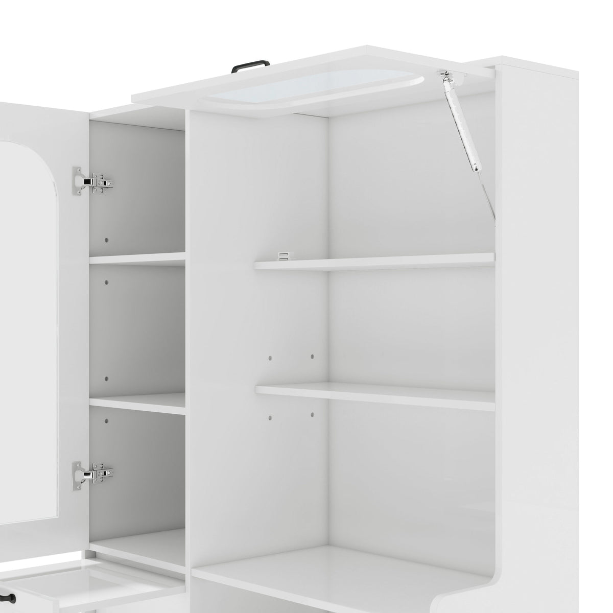 TREXM Tall Freestanding Kitchen Pantry Cabinet with Arched Glass Door, Flip-Up Cabinet Door, Pull-Out Shelves & Drawer, Adjustable Shelves, Storage Cupboard for Kitchen Dining Room (White)