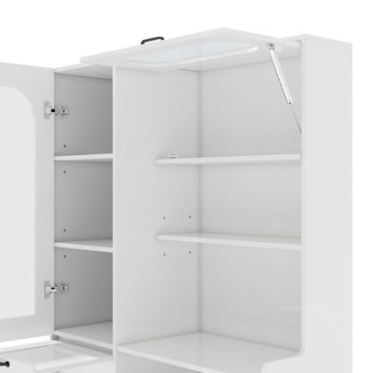 TREXM Tall Freestanding Kitchen Pantry Cabinet with Arched Glass Door, Flip-Up Cabinet Door, Pull-Out Shelves & Drawer, Adjustable Shelves, Storage Cupboard for Kitchen Dining Room (White)