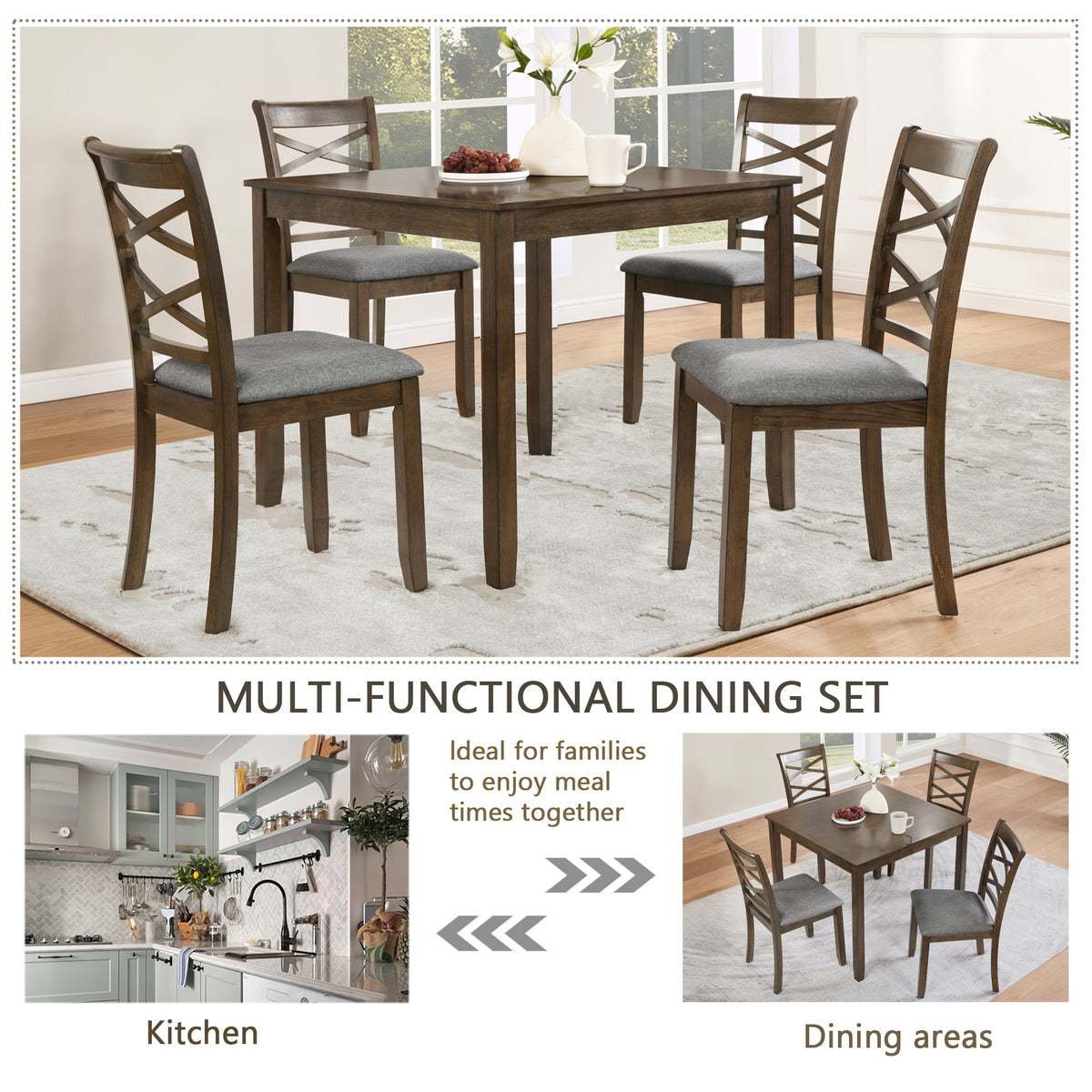 Elegant 5-piece Wooden Dining Table Set with 4 Chairs, Dining Table Set for 4 People, Modern 4 Person Dining Table Set, Walnut – Model W1998S00076
