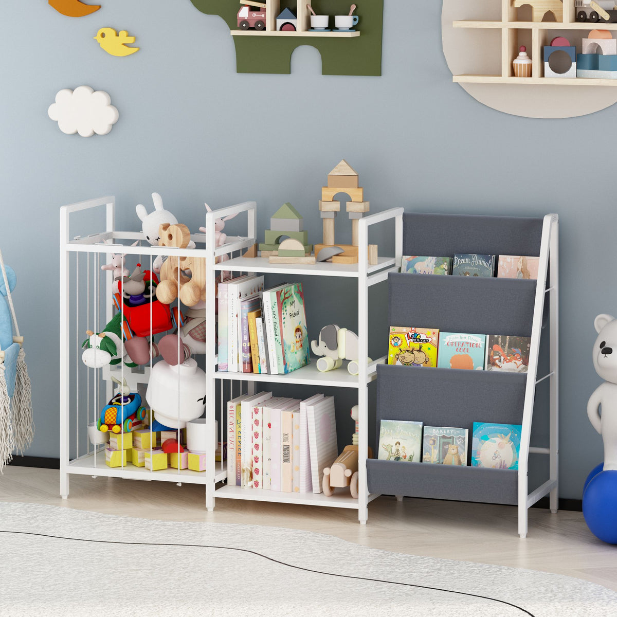 Kids Bookshelf and Toy Storage, 3-in-1 Book Shelf for Kids Rooms, Sling Baby Bookcase with Stuffed Animal Storage, Toddler Montessori Bookshelf for Nursery, Playroom, Kindergarten, Gray
