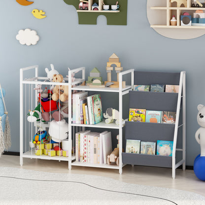 Kids Bookshelf and Toy Storage, 3-in-1 Book Shelf for Kids Rooms, Sling Baby Bookcase with Stuffed Animal Storage, Toddler Montessori Bookshelf for Nursery, Playroom, Kindergarten, Gray