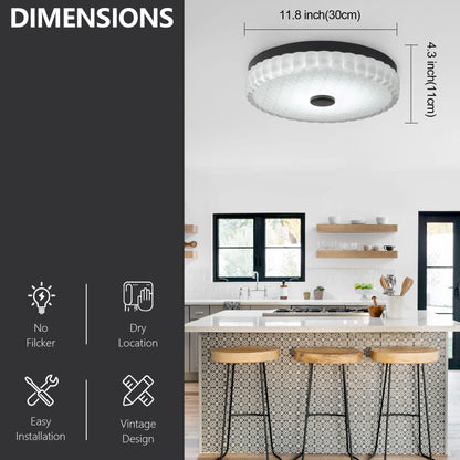 11.81" Flush Mount LED Ceiling Light, Black, 25W Dimmable with Remote Control, Metal Base & Glass Shade, CRI>90