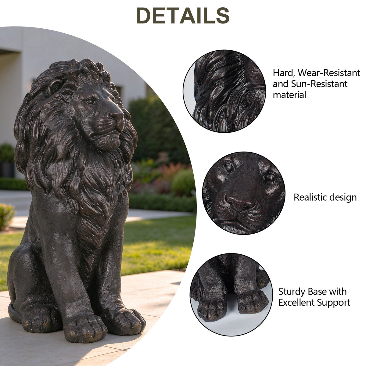24.61' Black Sitting Lion Statue, Magnesium Oxide Stone Composite Animal Sculpture Statue Decor for Front Door, Yard Patio Garden, Matte Black Finish, Ideal Gift for Housewarming & Estate Decoration