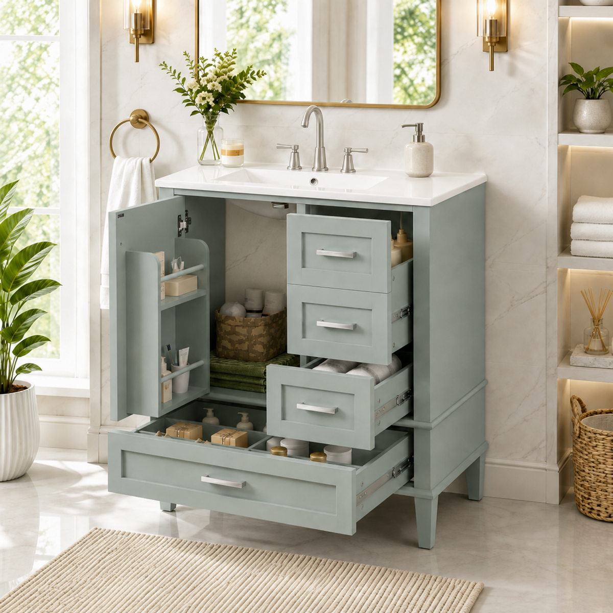 30' Bathroom Vanity, Modern Bathroom Cabinet with Sink Combo Set, Bathroom Storage Cabinet with 1 Soft-Closing Door and 3 Soft-Closing Drawers, Solid Wood Frame (Green)