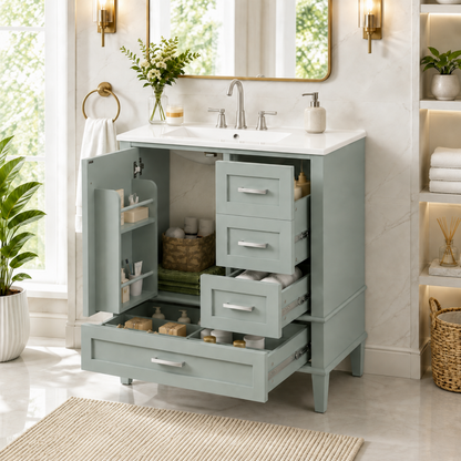 30' Bathroom Vanity, Modern Bathroom Cabinet with Sink Combo Set, Bathroom Storage Cabinet with 1 Soft-Closing Door and 3 Soft-Closing Drawers, Solid Wood Frame (Green)