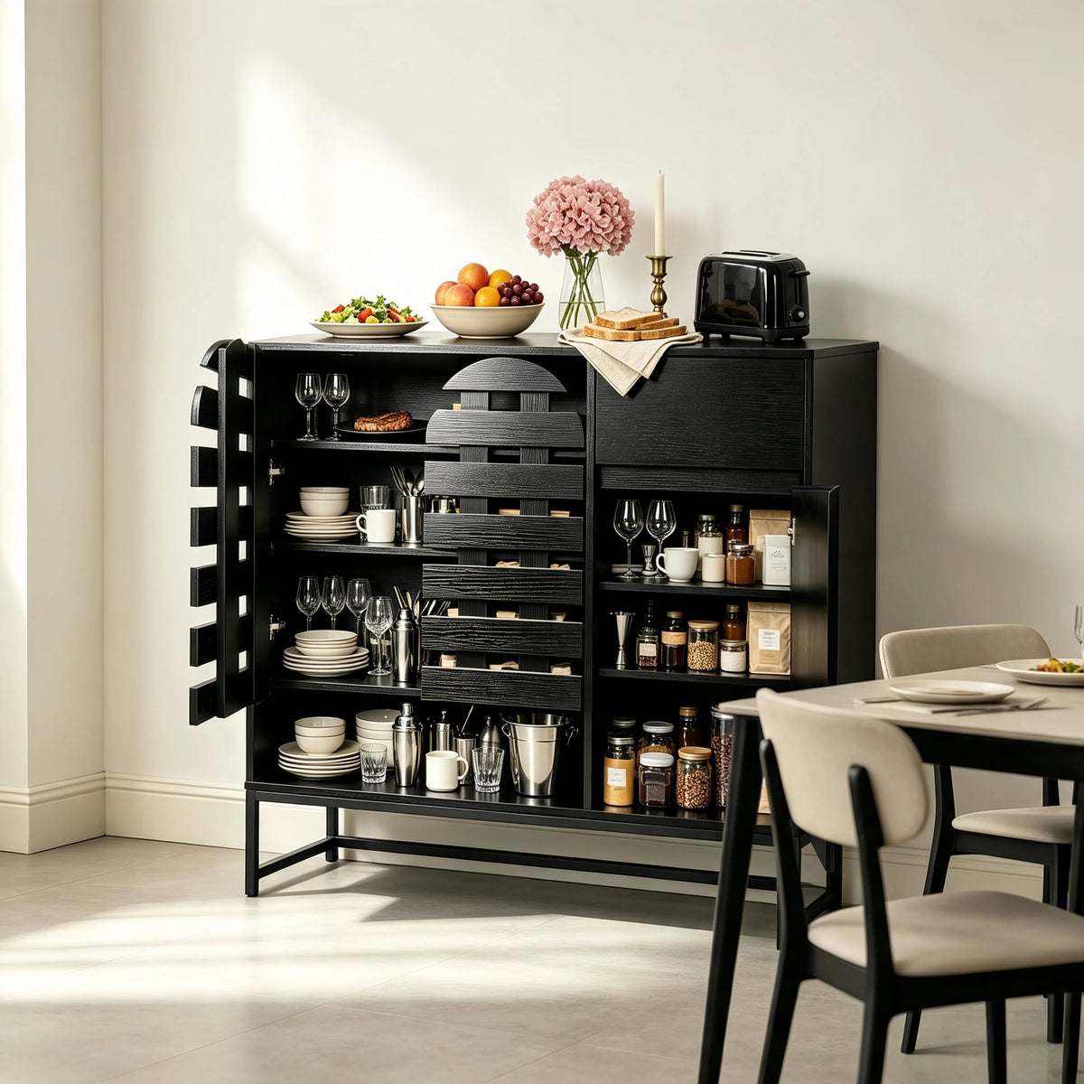 Buffet Cabinet with Storage: 44.49"Black Woven Door Accent Cabinets,with Arched Doors,with Multi layer Adjustable,with Metal Leg,woven door and drawer - for Kitchen Living Dining Room Entryway