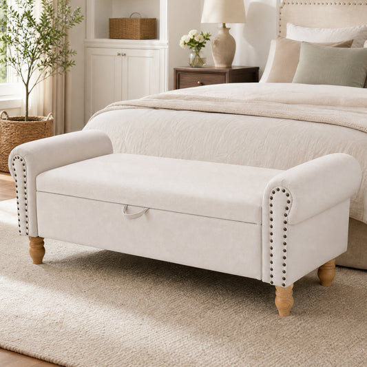 Storage Ottoman Bench, Fabric Benches End of Bed Bench with Solid Wood Legs Upholstered Ottoman Bench with Storage Indoor Bench for Living