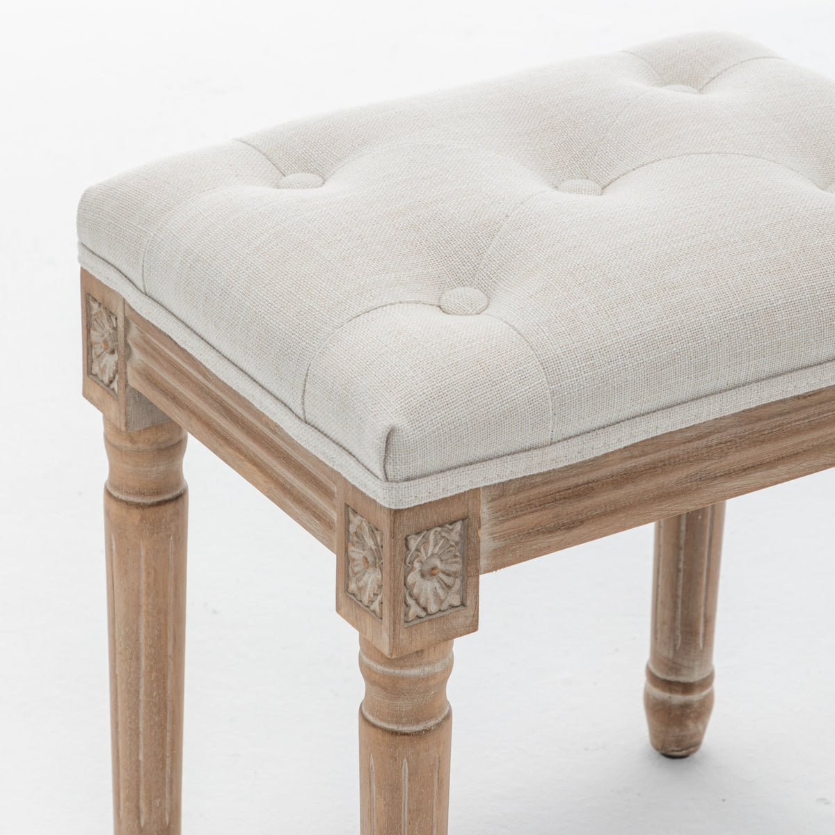 Tufted Vanity Stool with Linen Upholstery & Carved Solid Wood Legs, Dressing Bench for Bedroom, Beige