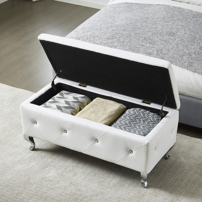 Upholstered Storage Ottoman Bench For Bedroom End Of Bed Faux Leather Rectangular Storage Benches Footrest With Crystal Buttons For Living Room Entryway (White)