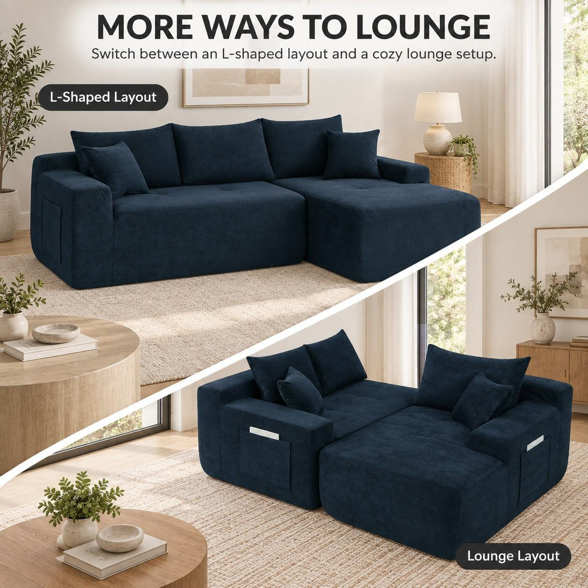 85' Cloud Sectional Couch with L-Shape Chaise,Modern Modular Sofa with Deep Seat, Upholstered Couches for Living Room Bedroom,No Assembly Required, (Cotton linen Fabric),Blue