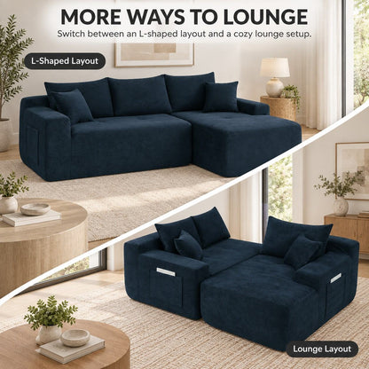 85' Cloud Sectional Couch with L-Shape Chaise,Modern Modular Sofa with Deep Seat, Upholstered Couches for Living Room Bedroom,No Assembly Required, (Cotton linen Fabric),Blue