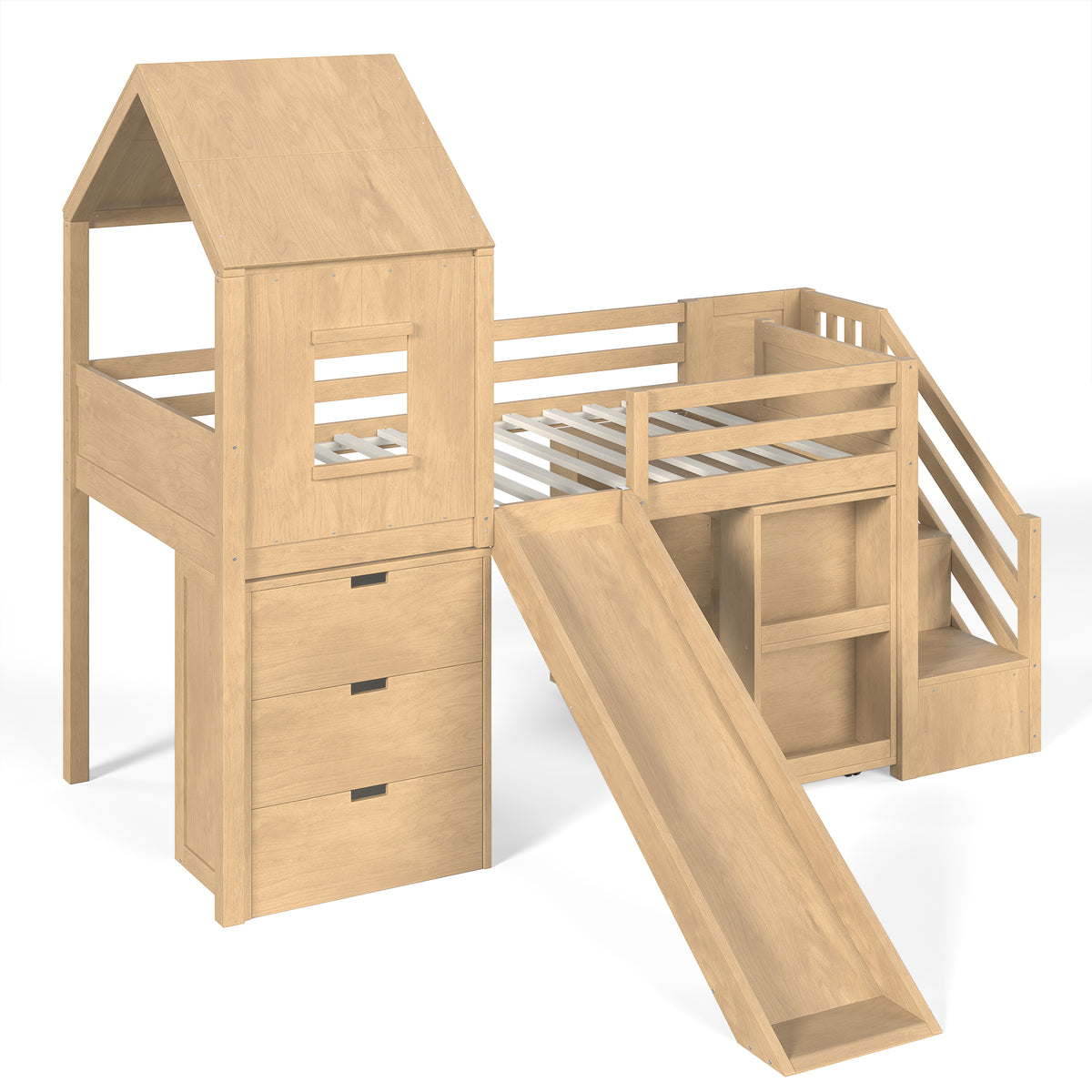 Twin Playhouse Loft Bed with Integrated Storage Drawers, Open Stair Shelves & Pull Out Desk, Kids Low House Loft Bed with Slide and Play Window, Natural