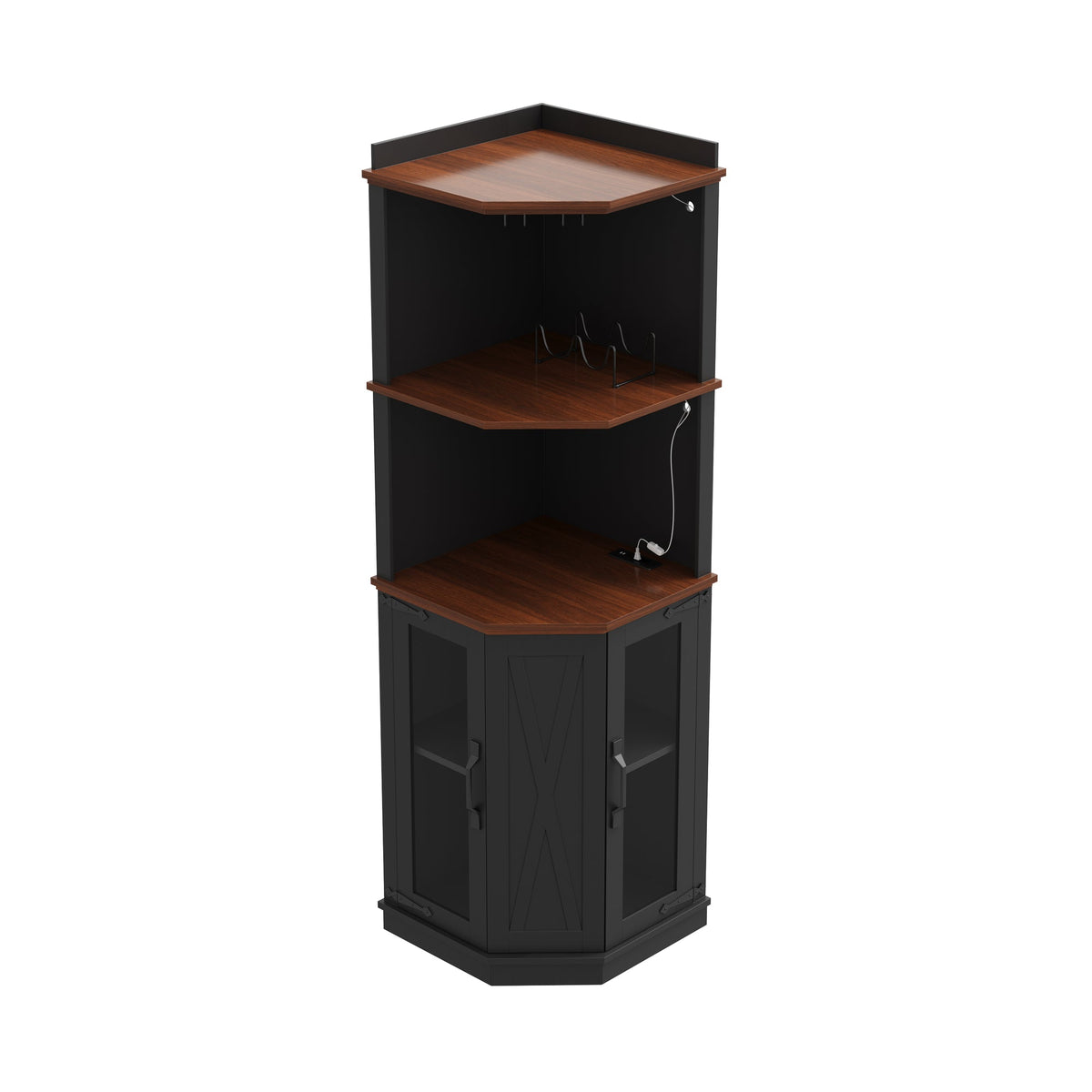 67.3" Corner Bar Cabinet with Power Outlet, Farmhouse Wine Bar Cabinet with Adjustable Shelves for Home,with Lights & Glass Rack for Dining Room, Living Room, Kitchen
