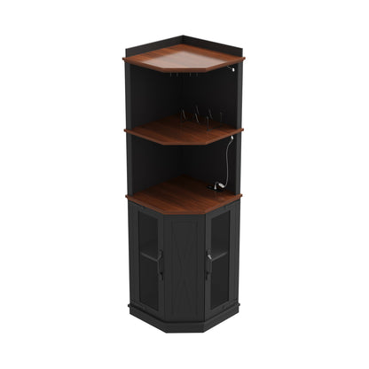 67.3" Corner Bar Cabinet with Power Outlet, Farmhouse Wine Bar Cabinet with Adjustable Shelves for Home,with Lights & Glass Rack for Dining Room, Living Room, Kitchen