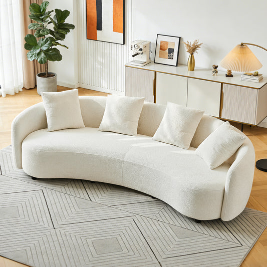 101" Oversized Modern Curved Sofa, Mid-Century White Half Moon Velvet Fabric Couch, Plush Upholstered Curved Sofa with 4 Throw Pillows, Extra Large Cloud-Like Comfy Sofa for Living Room, Apartment