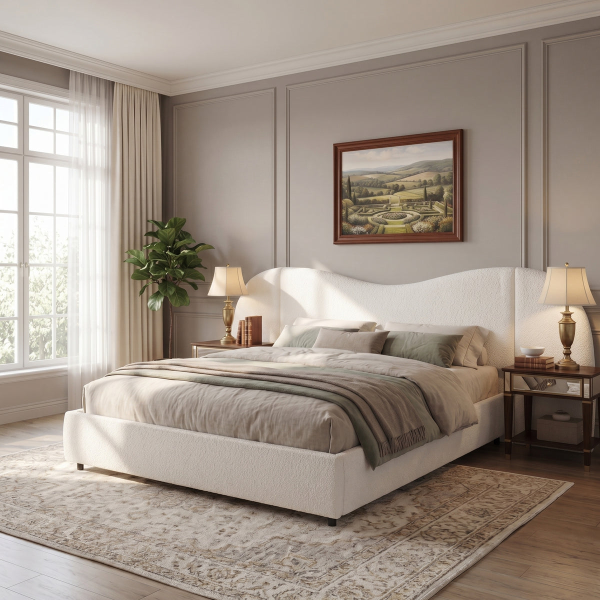 King Size Upholstered Bed Frame With Boucle Fabric Curved And Wide Headboard, Off White