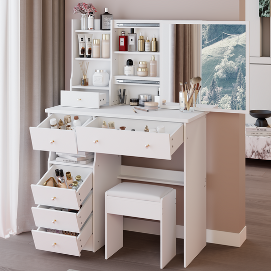 37" Left Drawer Desktop Makeup Vanity Table + Cushioned Stool, Extra Large Right Sliding Mirror, Multi Layer High Capacity Storage