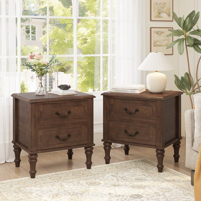Farmhouse Nightstand with 2 Drawer, Traditional Wood Bedside Table, Wood Storage End Table with 4 Solid Wood Feet, Metal Handle, Traditional wood-on-wood drawer glides, Easy Assembly, Walnut,2-Piece