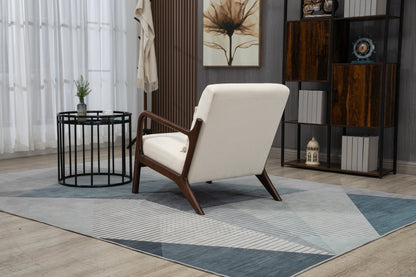 Mid Century Modern Accent Chair with Wood Frame, Upholstered Living Room Chairs with Waist Cushion, Reading Armchair for Bedroom Sunroom – Antique White