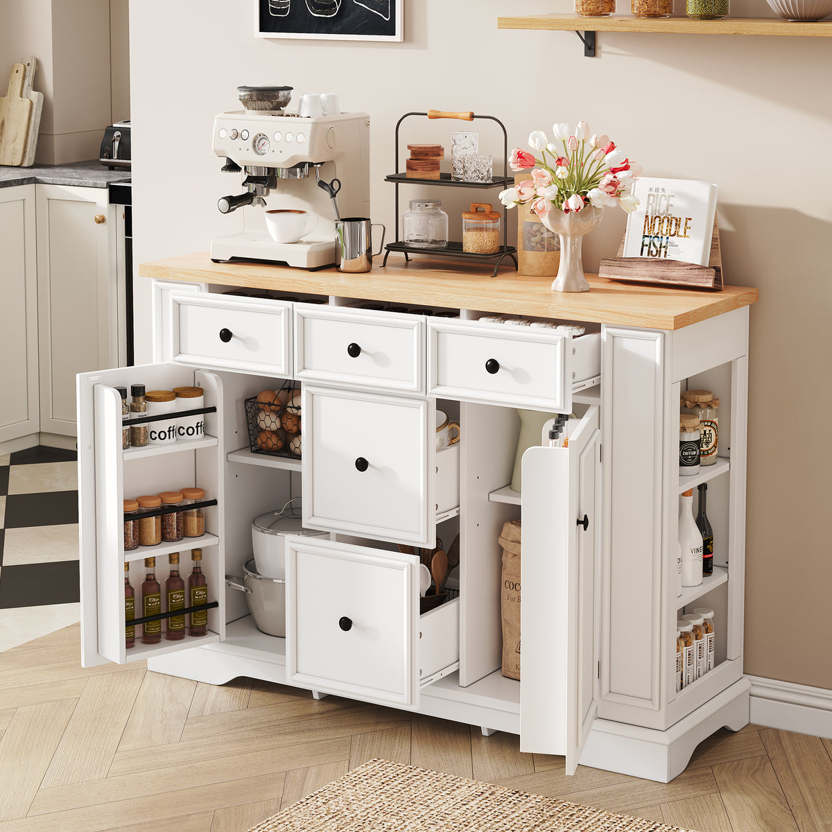 TREXM Sideboard Buffet Cabinet with Storage, Kitchen Console Table with 5 Drawers, 2 Cabinets, Adjustable Shelves, Buffet Server for Dining Room, Living Room, Entryway (White)