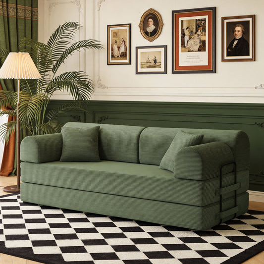 Convertible Sleeper Sofa Bed,Corduroy Folding Mattress Couch with Fixed-Shape Frame, Floor Sofa Lounge Couch for Living Room Bedroom(Grayish Green)