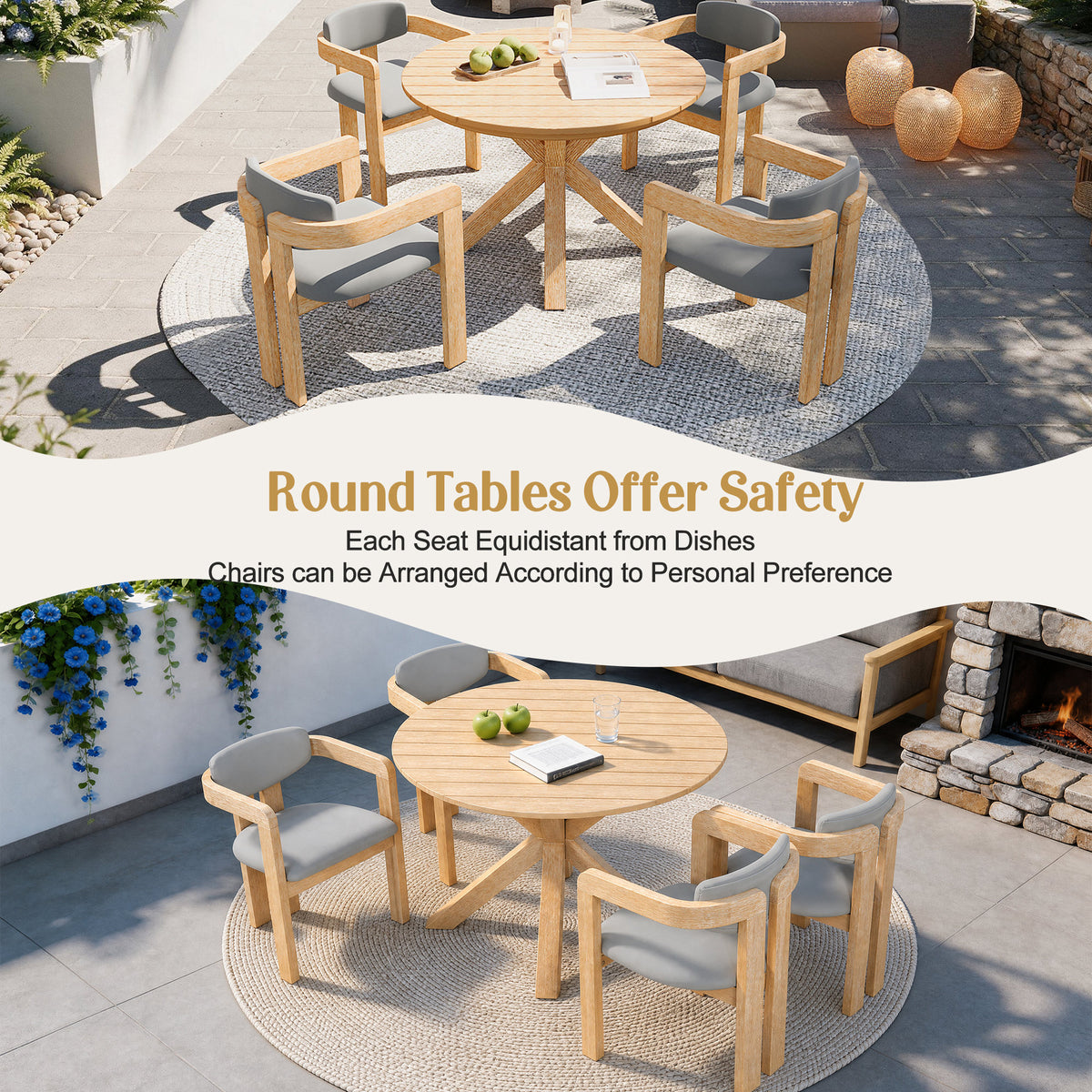 44.5 Inch Round Outdoor Dining Table, Premium Acacia Wood Patio Table with X-Shaped Base, Slatted Wooden  Table for Garden, Backyard, Balcony and Indoor Use, Acacia Wood Finish