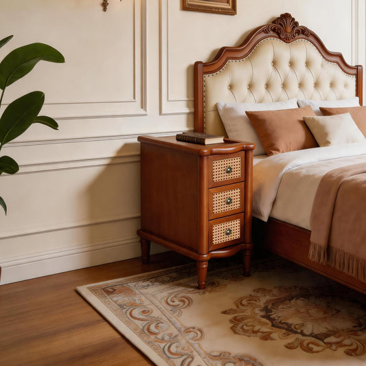 End Table, Rattan Narrow Side Table with 3 Drawers, Solid Wood Nightstand, Bedside Table for Living Room, Bedroom, Office, Bathroom, light walnut , seadrift.