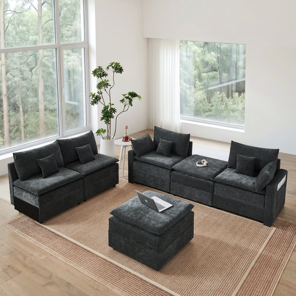 132' Cloud Modular Sectional Sofa, Deep Seat U Shaped Couch with Ottoman, Chenille Upholstered Sofa with Chaise, Plush Cushions, 6 Seat Modern Comfy Couch for Living Room & Apartment, Black