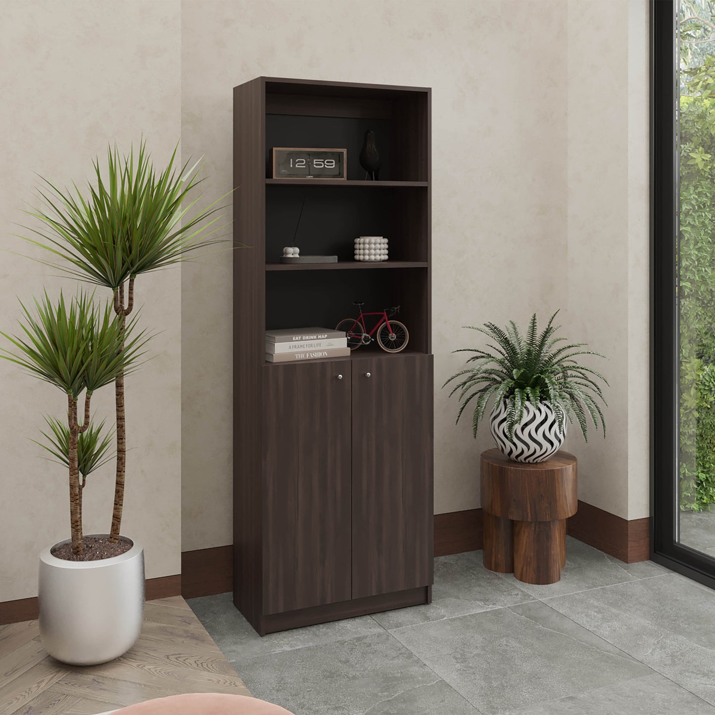 2-Door Bookcase with Upper Shelves, Dark Walnut / Black Wengue