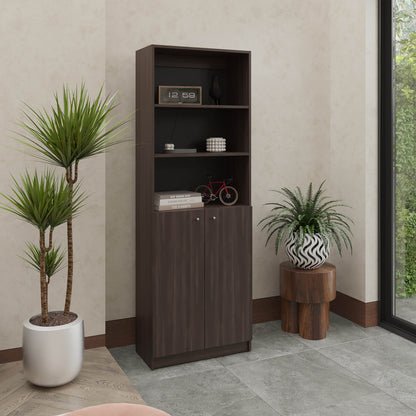 2-Door Bookcase with Upper Shelves, Dark Walnut / Black Wengue