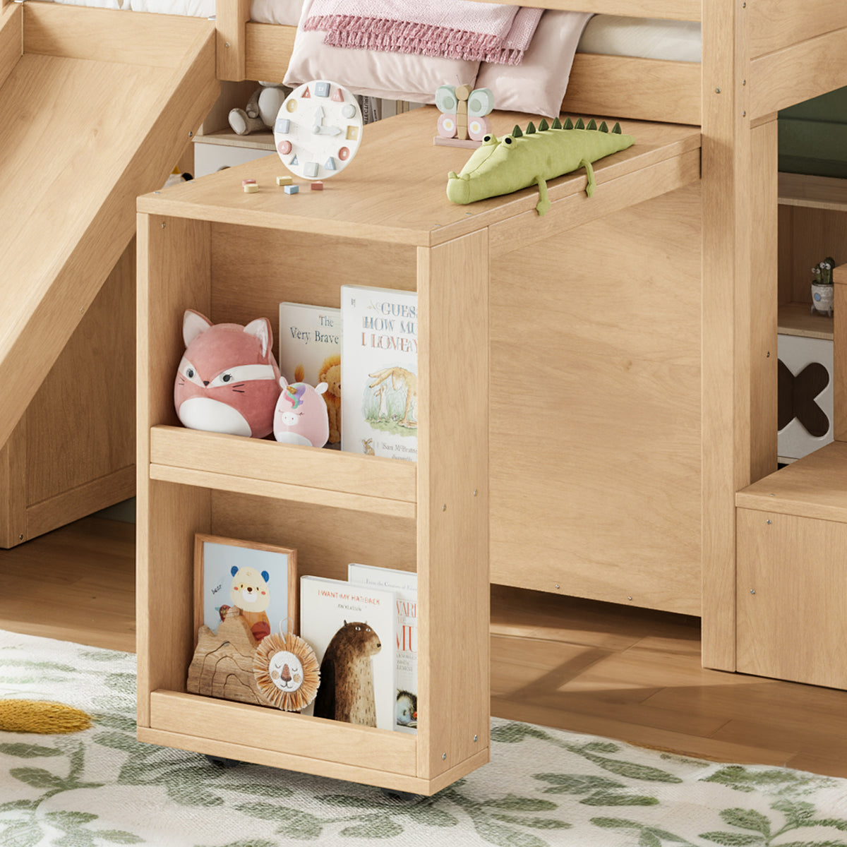 Twin Playhouse Loft Bed with Integrated Storage Drawers, Open Stair Shelves & Pull Out Desk, Kids Low House Loft Bed with Slide and Play Window, Natural