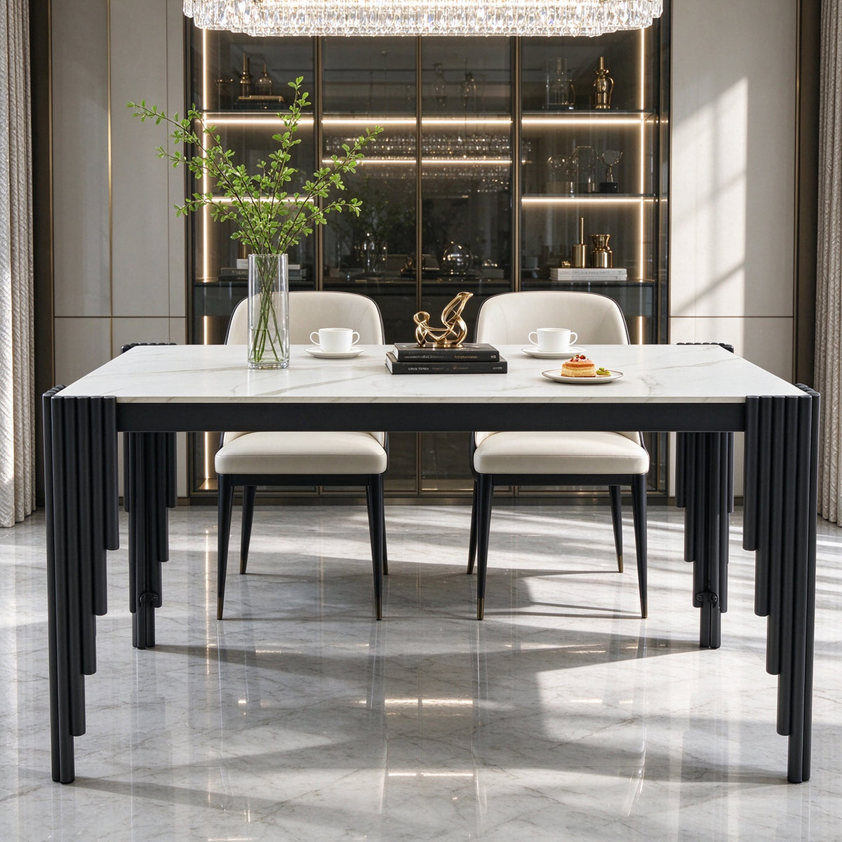 Modern 49" Rectangular Dining Table, White Marble-Look MDF Top with Black Metal Legs, Space-Saving Kitchen Desk for Small Apartments, Easy Assembly