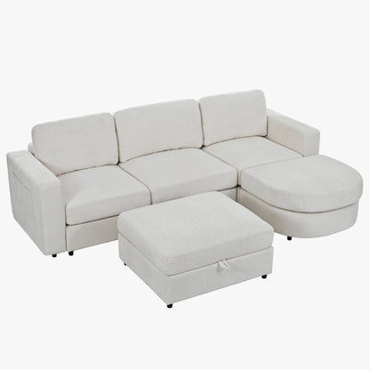 U-Style 102.4" U Shaped Sectional Sofa, Chenille Modular Couch with Curved Ottoman & Storage Ottoman, 3 Seater Sofa with Drop Down Console and 2 Cup Holders, Solid Pine Wood Frame for Living Room