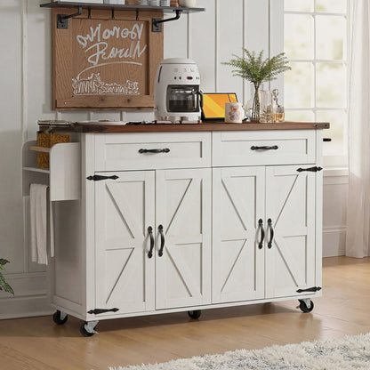 K&K 53.5''Farmhouse Kitchen Island with Power Outlet, Kitchen Storage Island with Drop Leaf, Spice Rack and Drawer