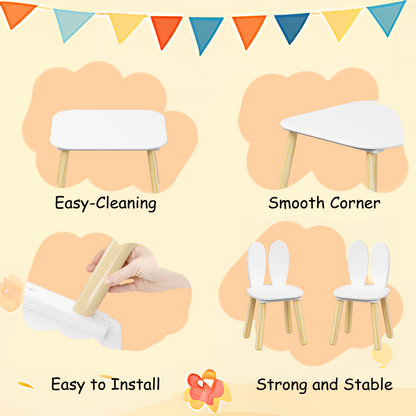 Rabbit Themed Kids Table and 2 Chairs Set, White Solid Wood & MDF Play Table with Rounded Edges