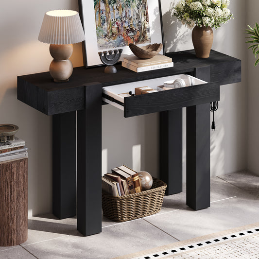 TREXM Rustic Minimalist Console Table with Hidden Drawer, Side Power Outlet,Wood Entryway Table for Entryways, Living Rooms and Home Offices(Black)