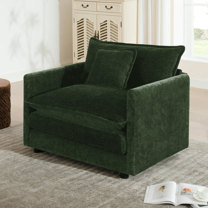 Comfy Deep Single Seat Sofa Upholstered Reading Armchair Living Room Chair Green Chenille Fabric, 1 Toss Pillow